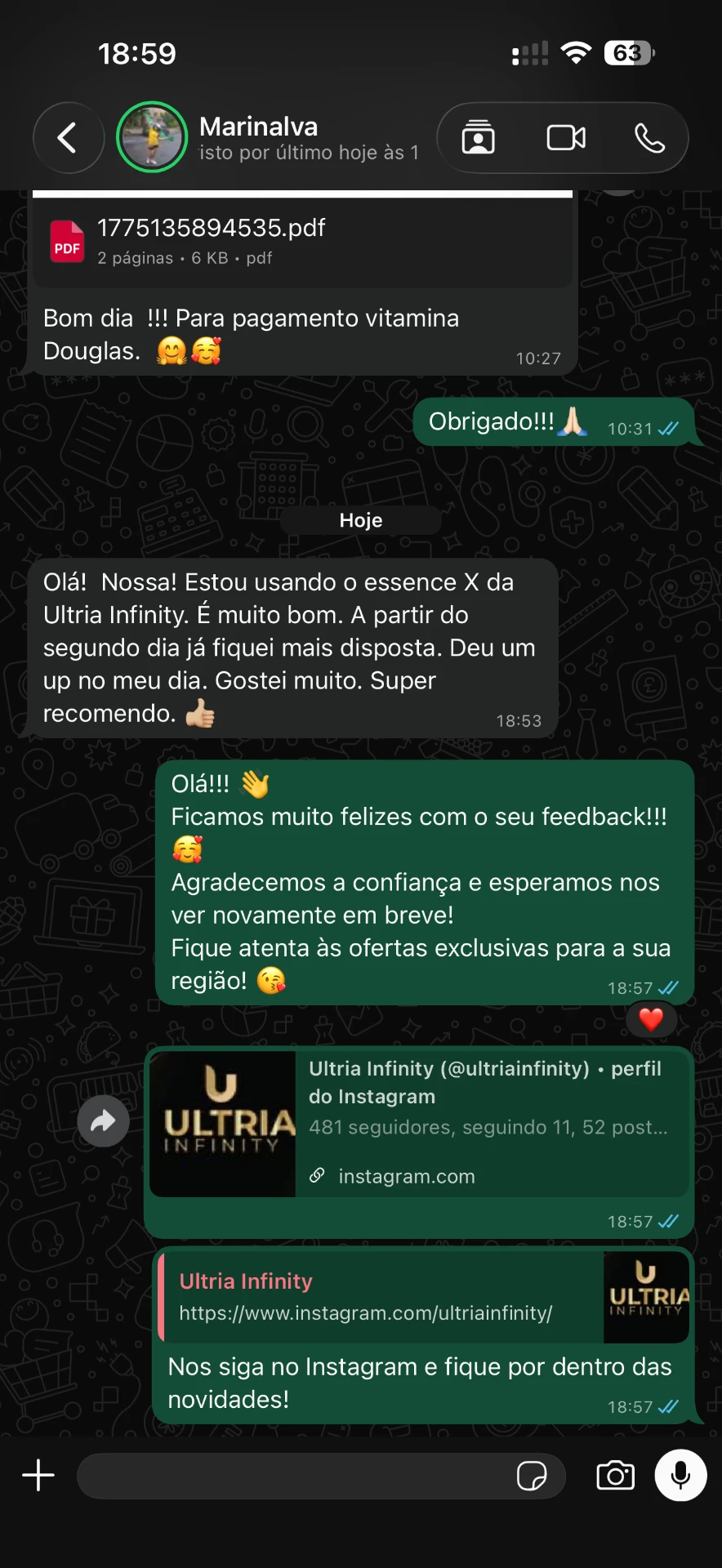 Print de depoimento de cliente 1 sobre a experiência com a Ultria Infinity